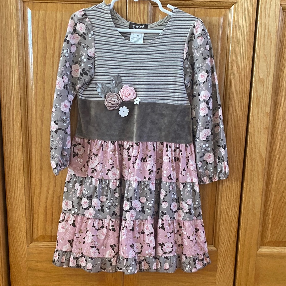 Zara Kids Floral and Striped Dress in Pink and Gray
